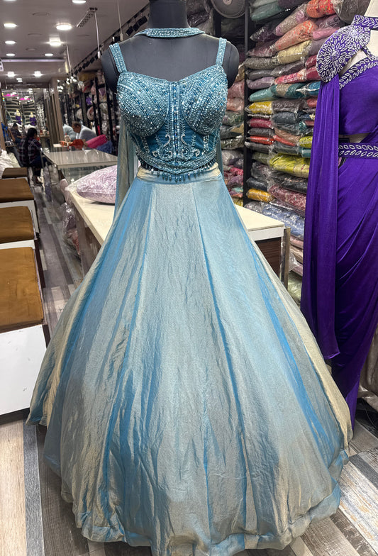 Hand Embellished Corset Crop Top Skirt with Choker Dupatta