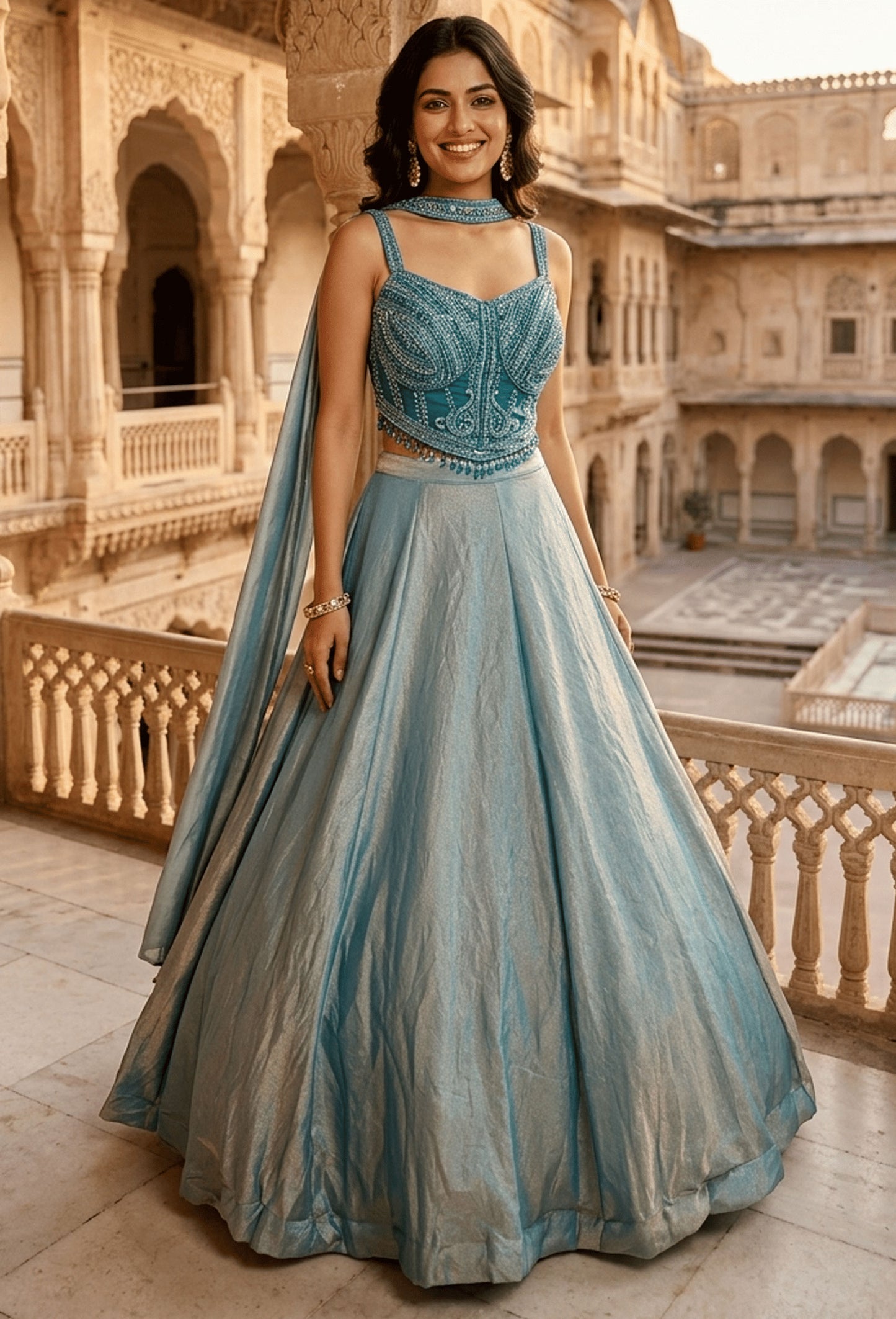 Hand Embellished Corset Crop Top Skirt with Choker Dupatta
