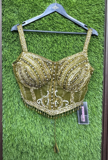Hand Embellished Corset Crop Top Skirt with Choker Dupatta