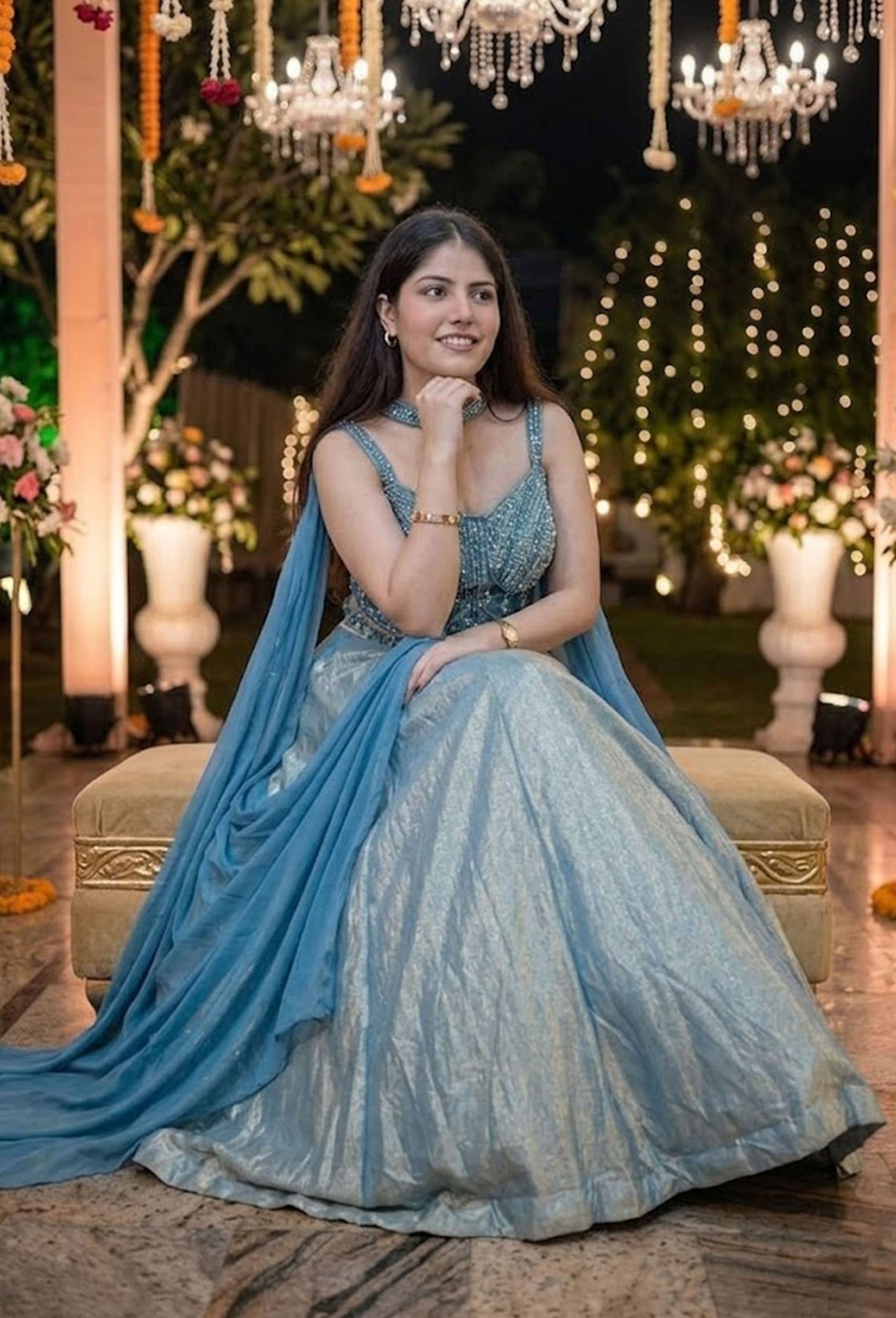 Hand Embellished Corset Crop Top Skirt with Choker Dupatta