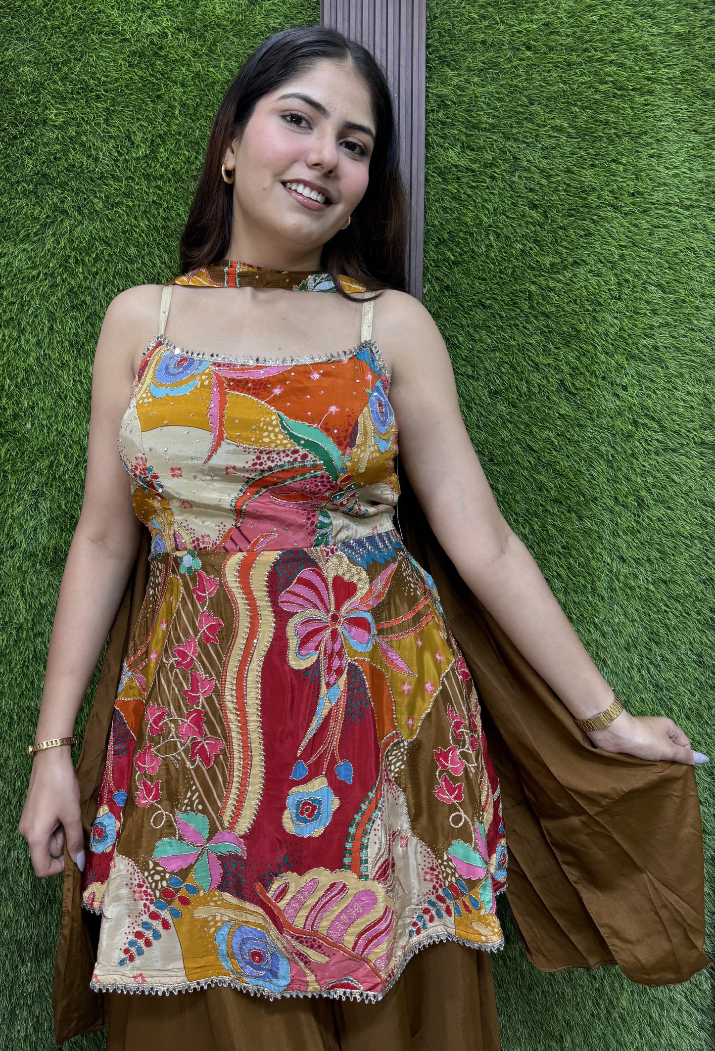 Floral Printed Sharara Suit with Choker Dupatta in Crepe Fabric