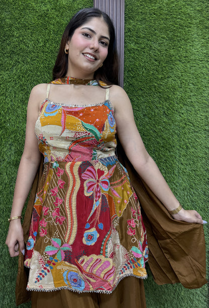 Floral Printed Sharara Suit with Choker Dupatta in Crepe Fabric
