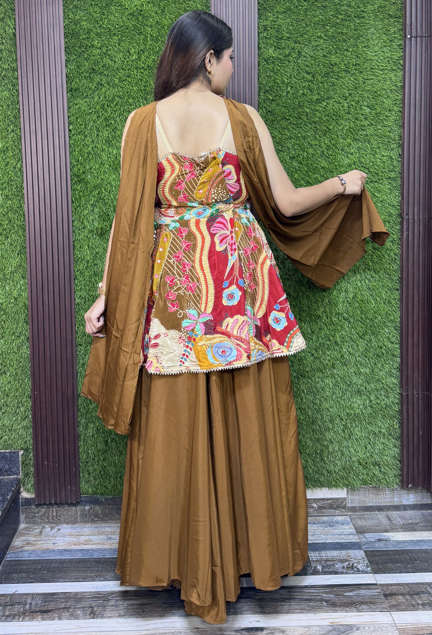 Floral Printed Sharara Suit with Choker Dupatta in Crepe Fabric
