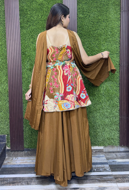 Floral Printed Sharara Suit with Choker Dupatta in Crepe Fabric