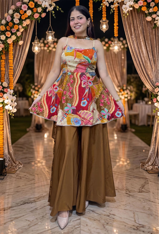 Floral Printed Sharara Suit with Choker Dupatta in Crepe Fabric