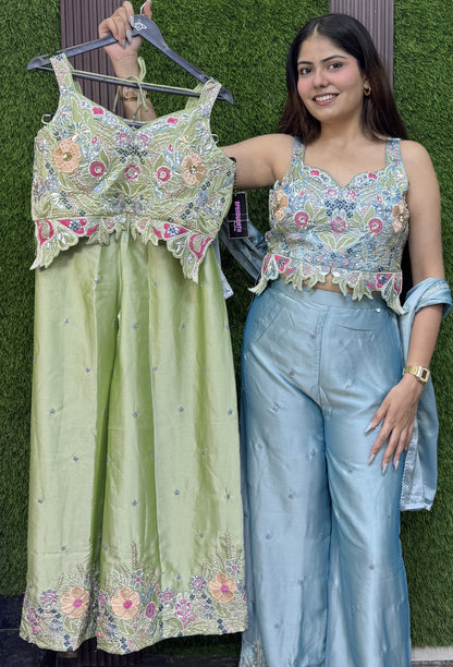 Floral Embroidered Crop Top Sharara Set for Summer Party Wear