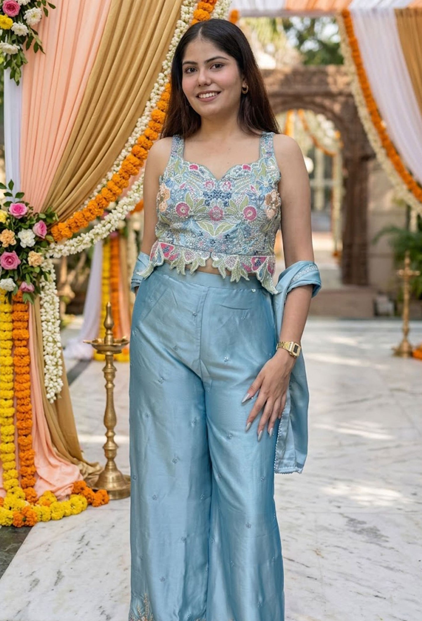 Floral Embroidered Crop Top Sharara Set for Summer Party Wear