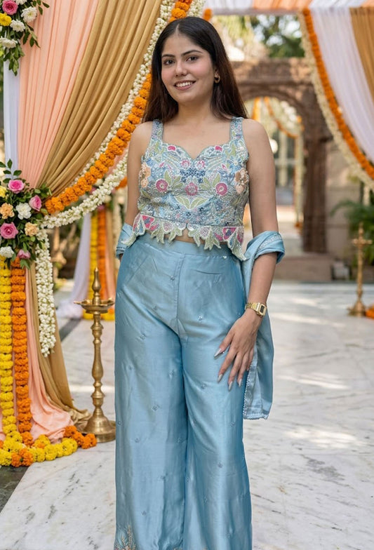 Floral Embroidered Crop Top Sharara Set for Summer Party Wear