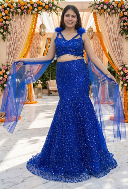 Hand Embellished Fish Cut Lehenga with Designer Blouse & Sleeves