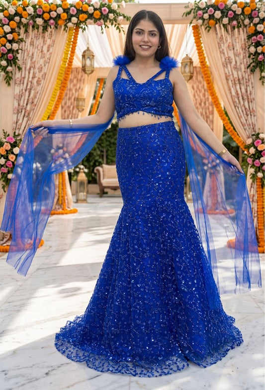 Hand Embellished Fish Cut Lehenga with Designer Blouse & Sleeves