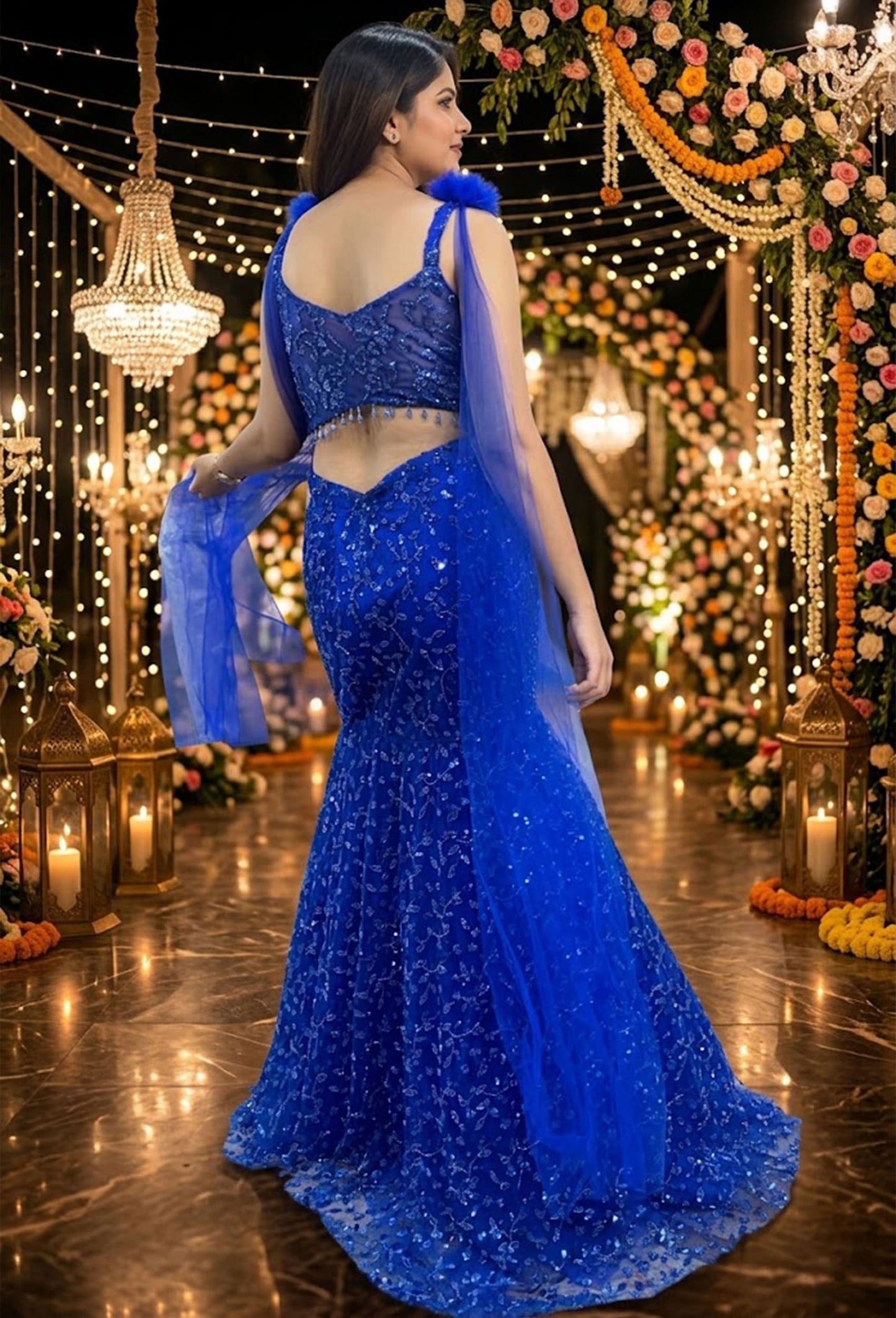 Hand Embellished Fish Cut Lehenga with Designer Blouse & Sleeves