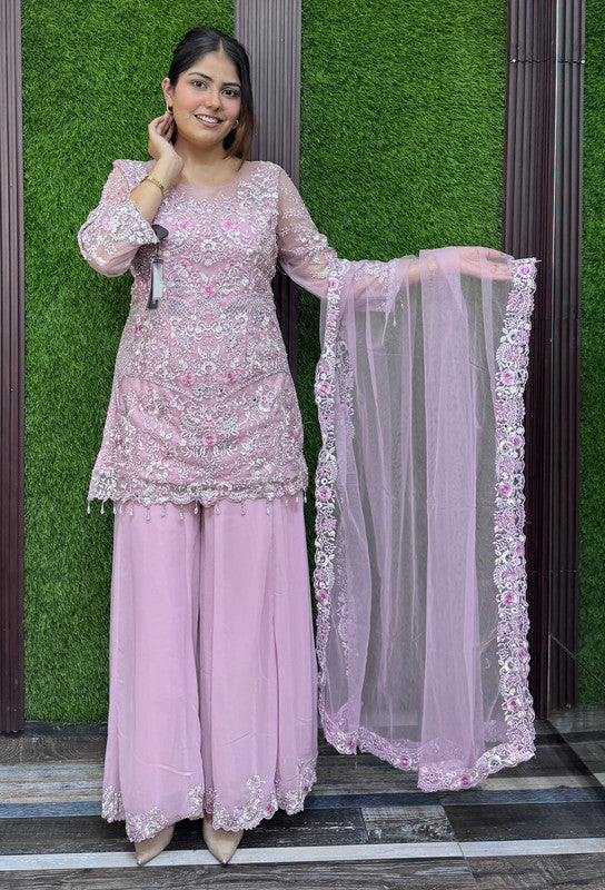 Beautiful Pakistani Style Embroidered Sharara Suit with Georgette Bottom & Embroidered Dupatta