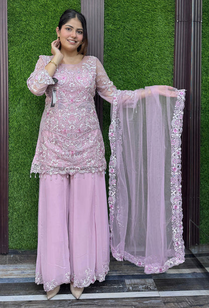 Beautiful Pakistani Style Embroidered Sharara Suit with Georgette Bottom & Embroidered Dupatta