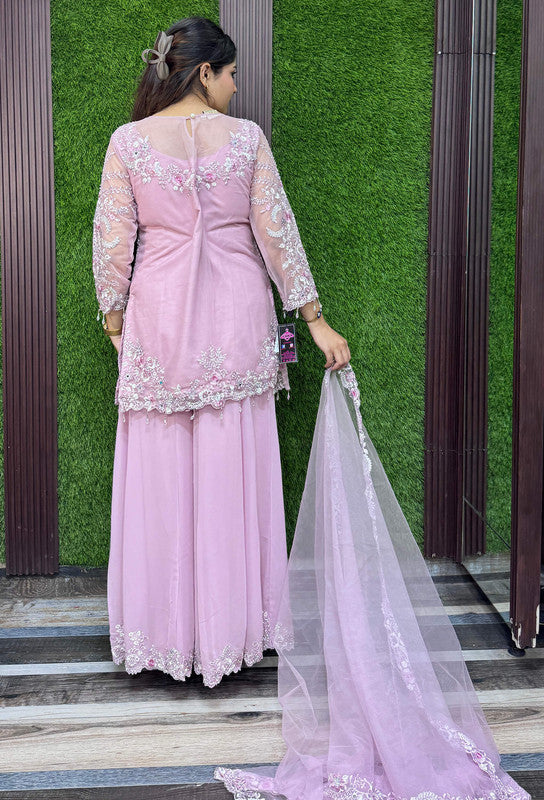 Beautiful Pakistani Style Embroidered Sharara Suit with Georgette Bottom & Embroidered Dupatta