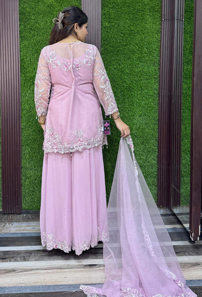 Beautiful Pakistani Style Embroidered Sharara Suit with Georgette Bottom & Embroidered Dupatta