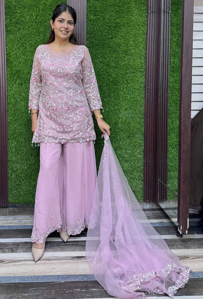 Beautiful Pakistani Style Embroidered Sharara Suit with Georgette Bottom & Embroidered Dupatta