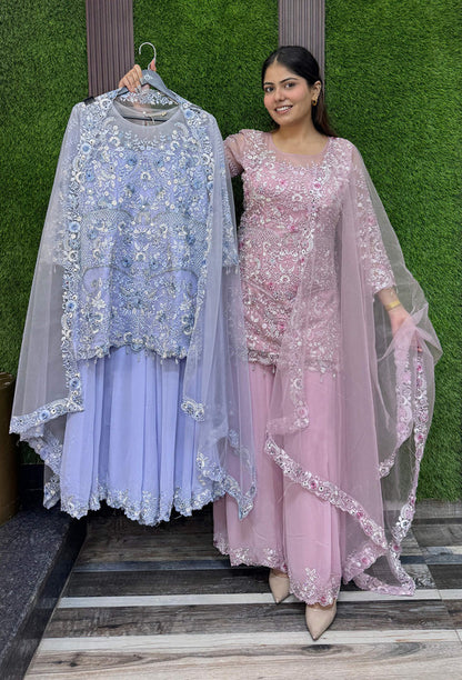 Beautiful Pakistani Style Embroidered Sharara Suit with Georgette Bottom & Embroidered Dupatta