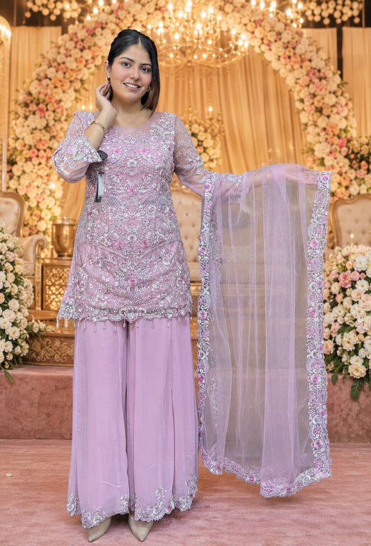 Beautiful Pakistani Style Embroidered Sharara Suit with Georgette Bottom & Embroidered Dupatta