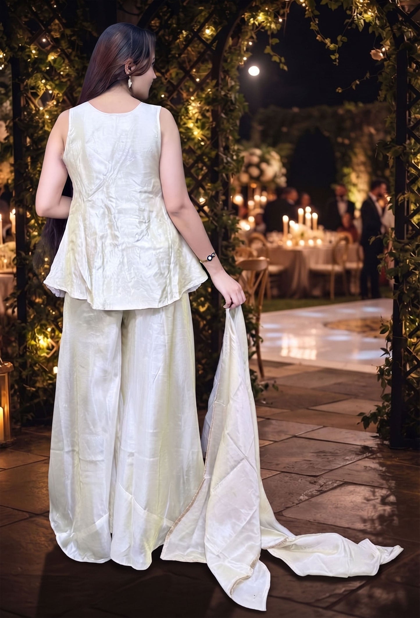 Elegant Shimmer Tissue Silk Nude Gold Short Peplum Co-Ord Set with Plazo & Dupatta