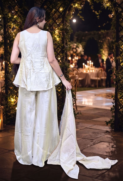 Elegant Shimmer Tissue Silk Nude Gold Short Peplum Co-Ord Set with Plazo & Dupatta