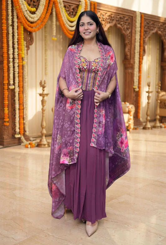 Beautiful Georgette Indo-Western Dress with Printed Digital Cape Shrug & Mirror Work Corset Blouse