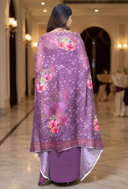 Beautiful Georgette Indo-Western Dress with Printed Digital Cape Shrug & Mirror Work Corset Blouse