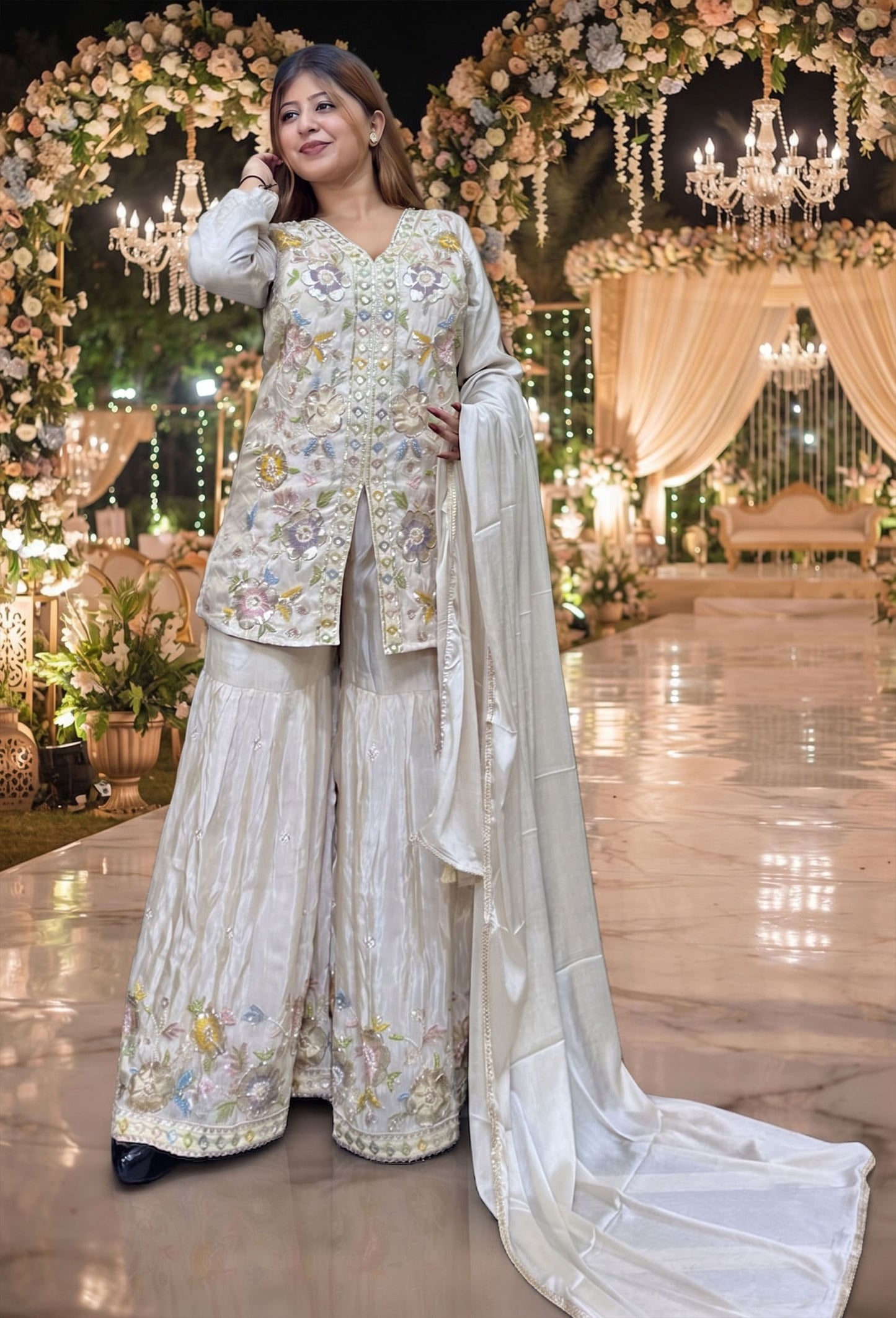 Designer Front Cut Shirt Style Co-Ord Set with Embroidered Jacquard Silk Sharara Suit & Dupatta