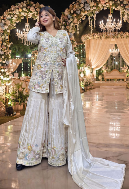 Designer Front Cut Shirt Style Co-Ord Set with Embroidered Jacquard Silk Sharara Suit & Dupatta
