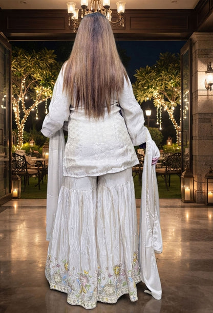 Designer Front Cut Shirt Style Co-Ord Set with Embroidered Jacquard Silk Sharara Suit & Dupatta
