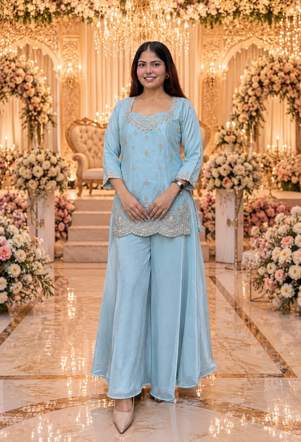 Stylish Bustier Design Beadwork Co-Ord Set with Plazo Bottom in Tissue Silk