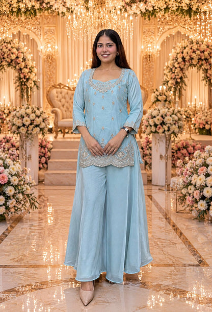 Stylish Bustier Design Beadwork Co-Ord Set with Plazo Bottom in Tissue Silk
