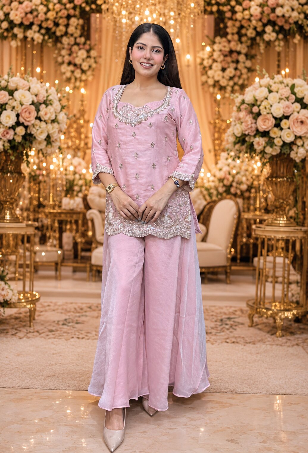 Stylish Bustier Design Beadwork Co-Ord Set with Plazo Bottom in Tissue Silk