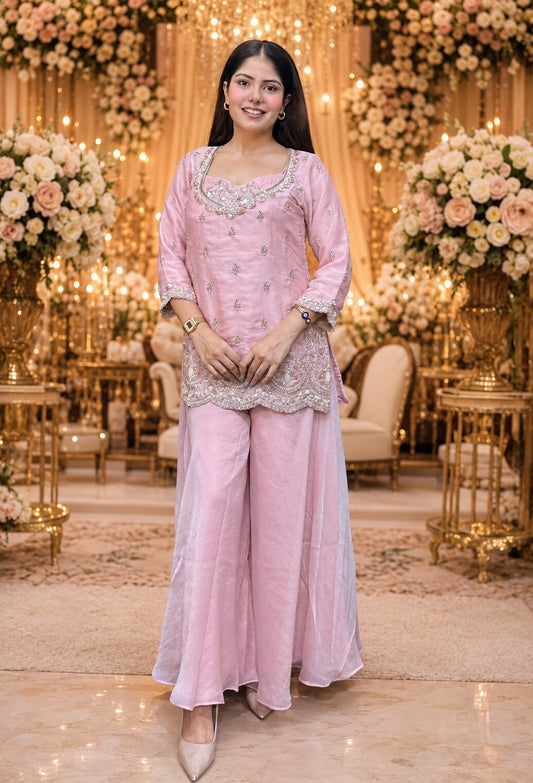 Stylish Bustier Design Beadwork Co-Ord Set with Plazo Bottom in Tissue Silk