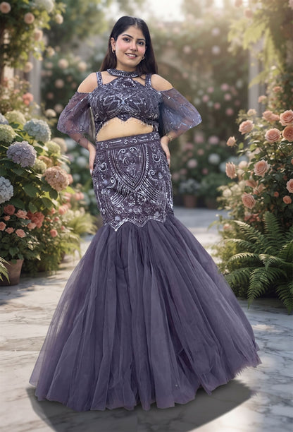 Stylish Hand Embellished Mesh Net Fish Cut Lehenga & Falling Cape Sleeves with Halter Neck Blouse
