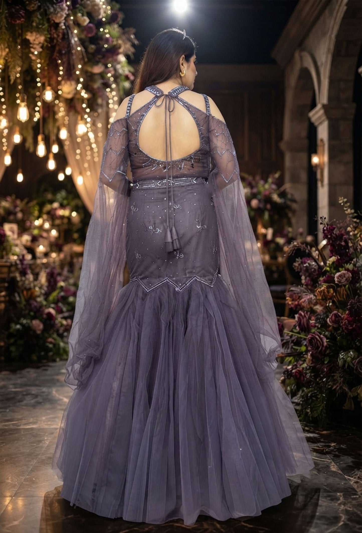 Stylish Hand Embellished Mesh Net Fish Cut Lehenga & Falling Cape Sleeves with Halter Neck Blouse