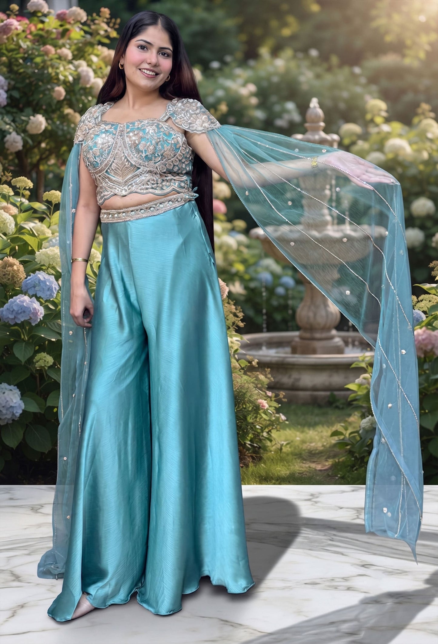 Stylish Hand Embroidered Crop Top with Flared Plazo & Falling Connected Sleeves