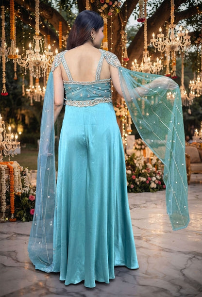Stylish Hand Embroidered Crop Top with Flared Plazo & Falling Connected Sleeves