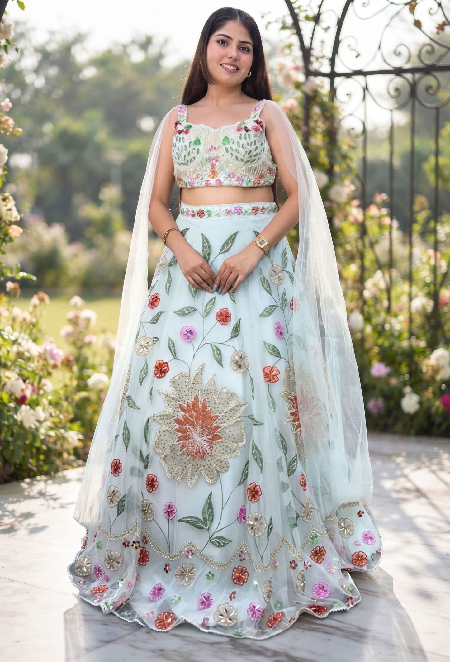 Stylish Sky Blue Hand Embellished Pearl Beadwork Lehenga Choli with Connected Falling Sleeves