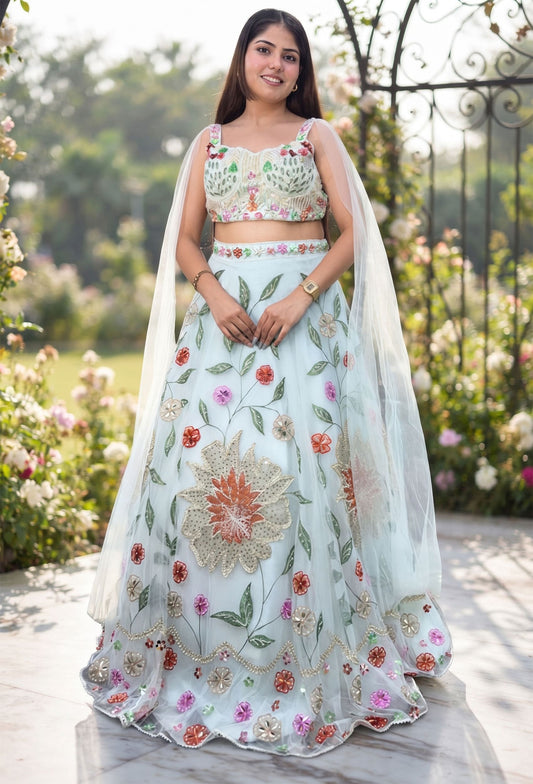 Stylish Sky Blue Hand Embellished Pearl Beadwork Lehenga Choli with Connected Falling Sleeves