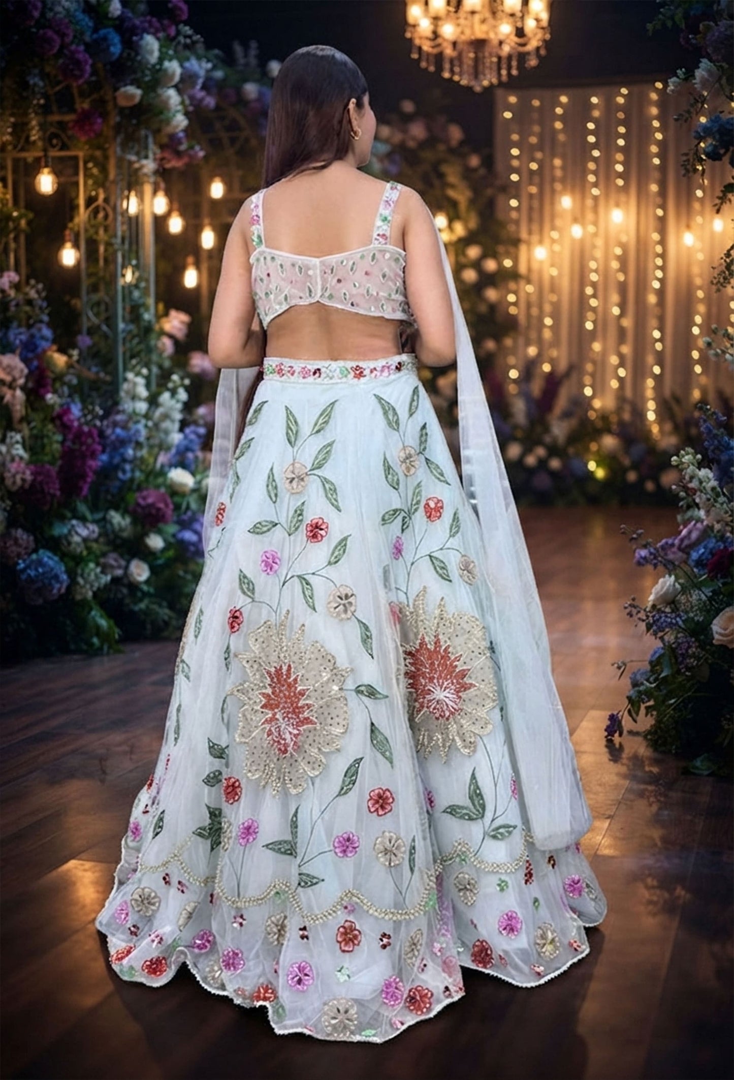 Stylish Sky Blue Hand Embellished Pearl Beadwork Lehenga Choli with Connected Falling Sleeves