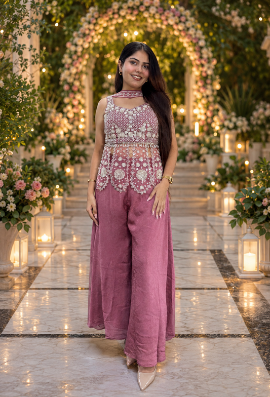 Girlish Chinnon Silk Peplum Sharara Suit with Choker Dupatta