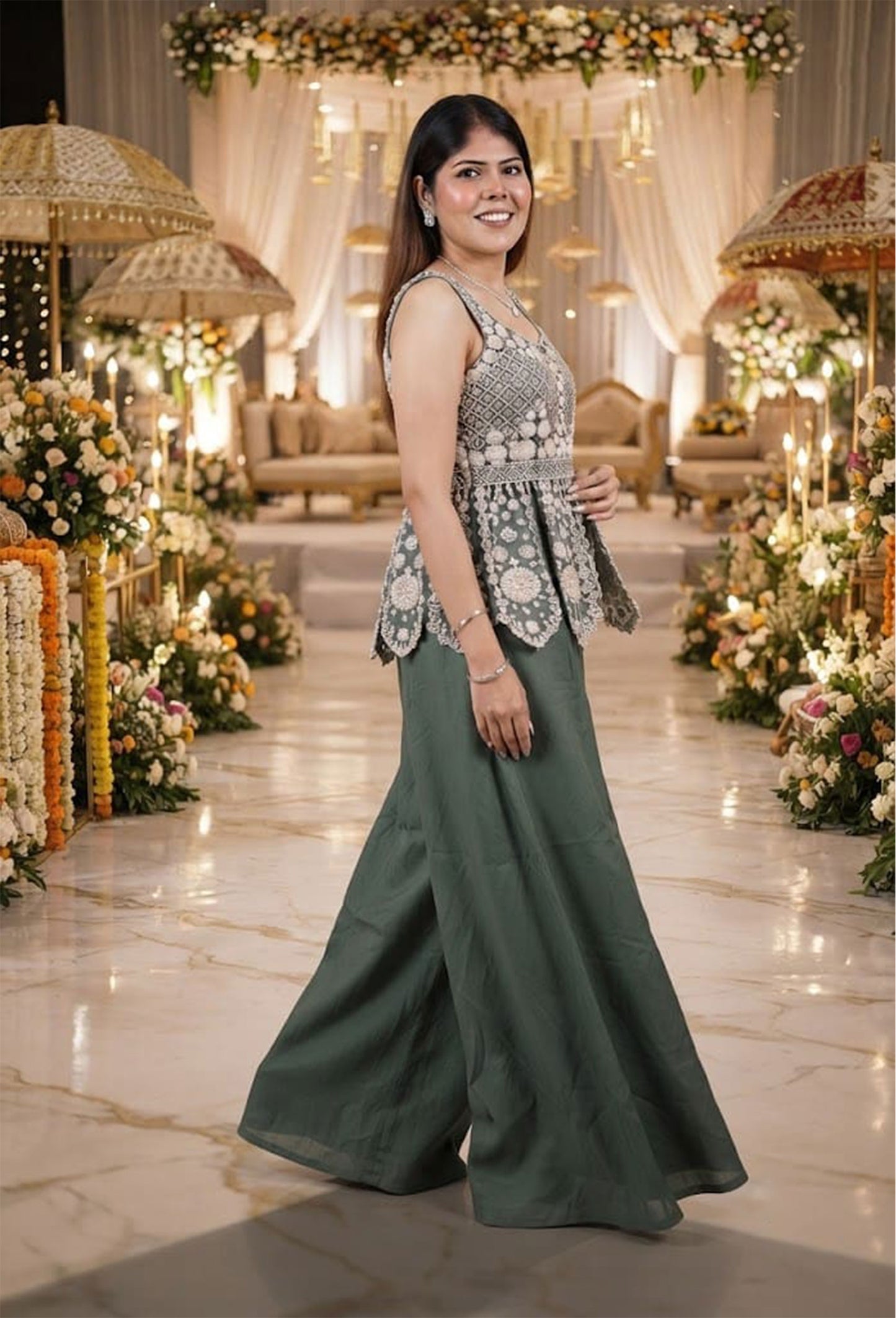 Girlish Chinnon Silk Peplum Sharara Suit with Choker Dupatta