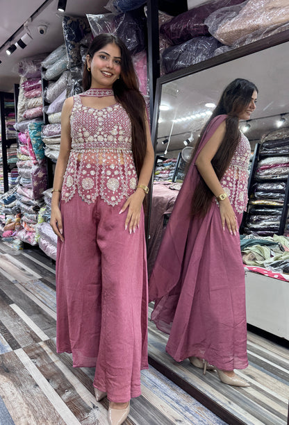 Girlish Chinnon Silk Peplum Sharara Suit with Choker Dupatta