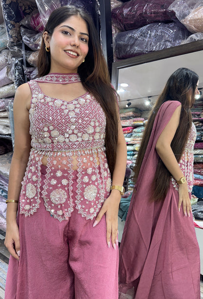 Girlish Chinnon Silk Peplum Sharara Suit with Choker Dupatta