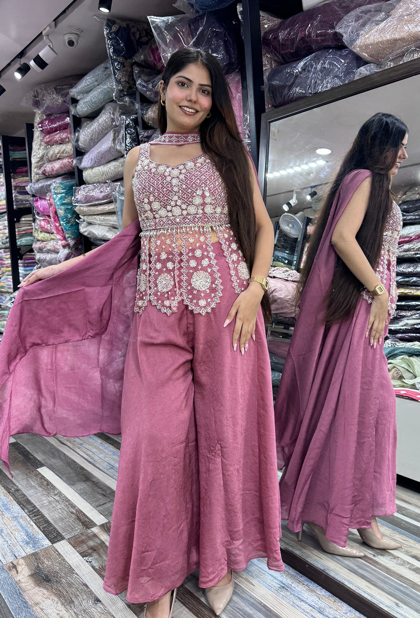 Girlish Chinnon Silk Peplum Sharara Suit with Choker Dupatta