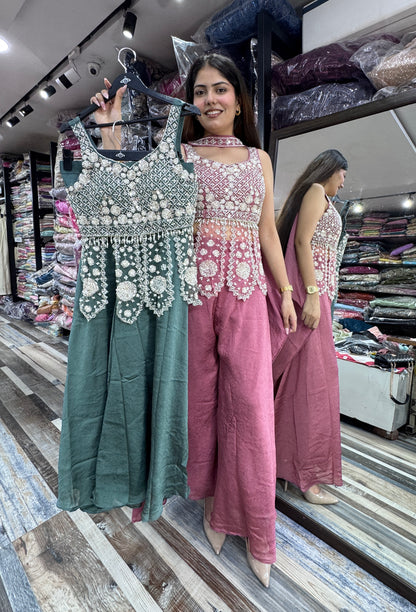 Girlish Chinnon Silk Peplum Sharara Suit with Choker Dupatta