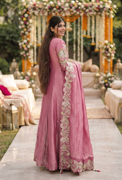 Designer Chinnon silk Fabric Yoke Anarkali Dress with Embroidered Dupatta