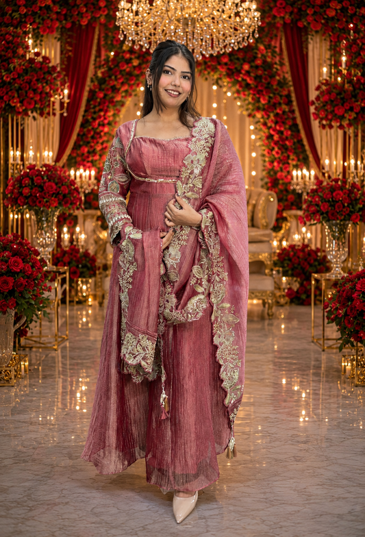 Designer Chinnon silk Fabric Yoke Anarkali Dress with Embroidered Dupatta