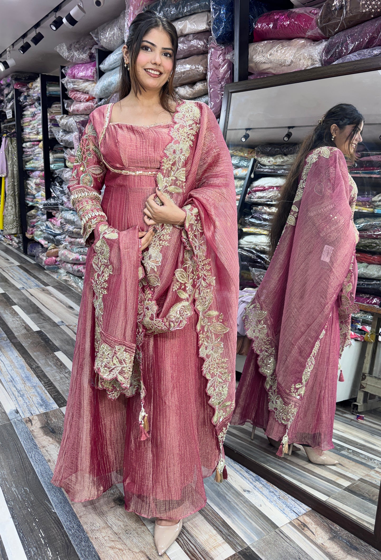 Designer Chinnon silk Fabric Yoke Anarkali Dress with Embroidered Dupatta