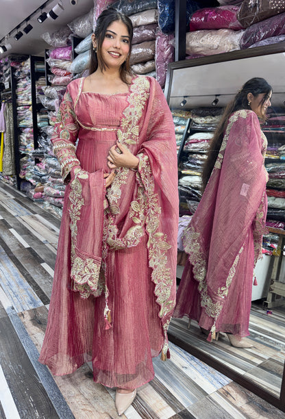 Designer Chinnon silk Fabric Yoke Anarkali Dress with Embroidered Dupatta